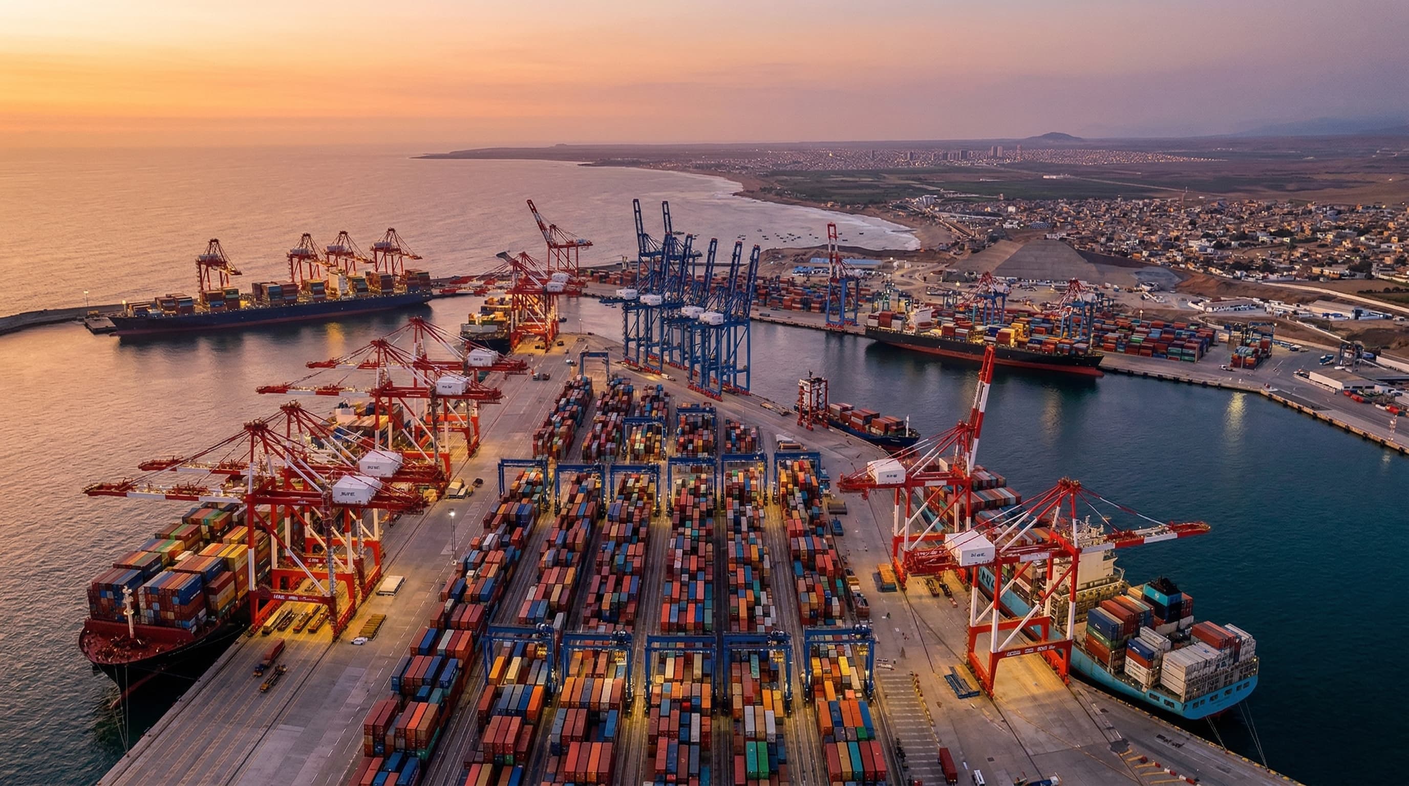 Vista panorámica del Puerto de Chancay y la ciudad de Huaral con nueva infraestructura – polo de desarrollo Norte Chico